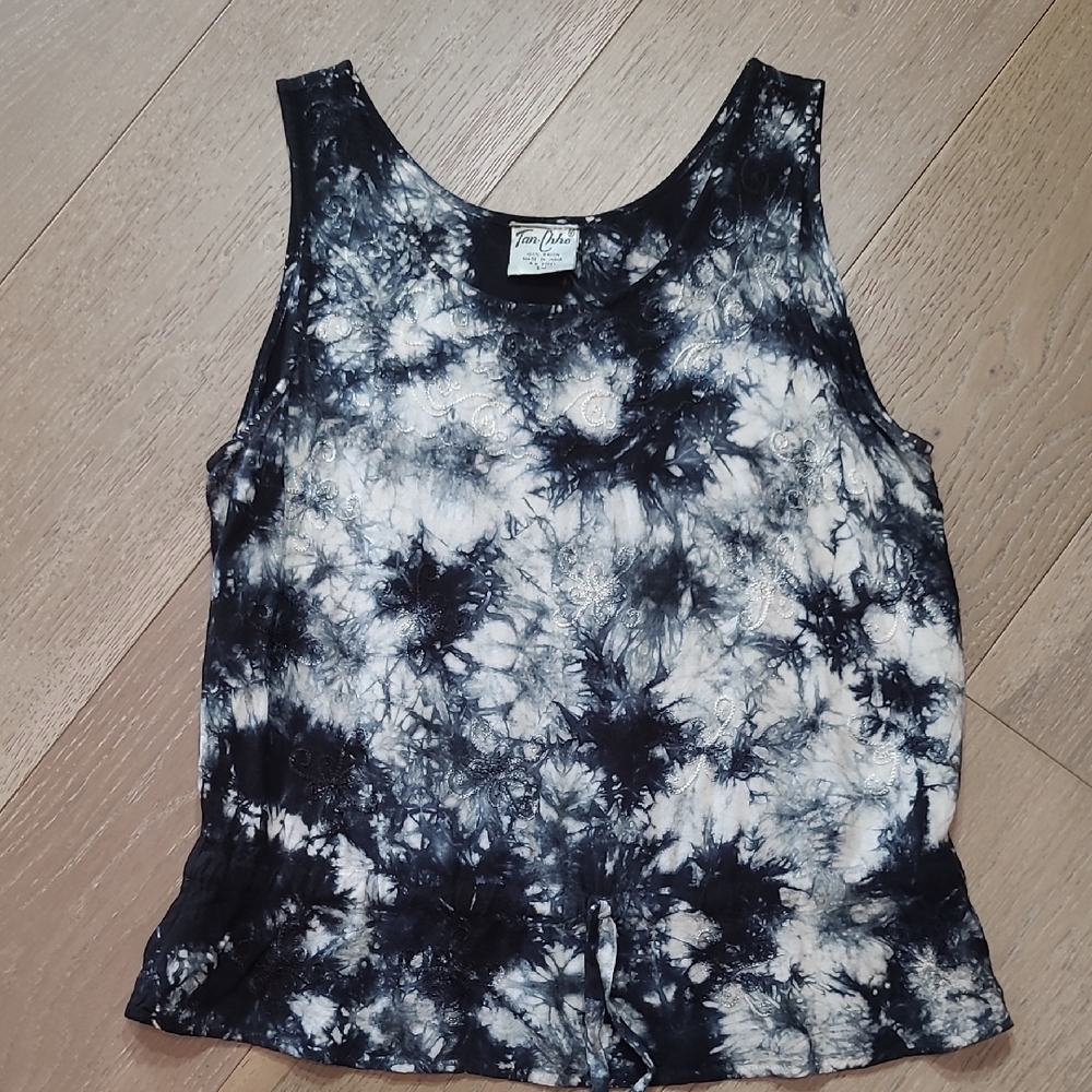 Vintage Tan Cho Sleeveless Top Women's sz S/M Black/White Tie-Dye Tank